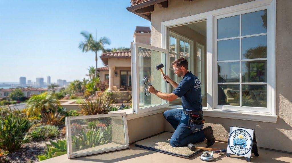 San Diego window repair technician replacing cracked home window glass in a residential house